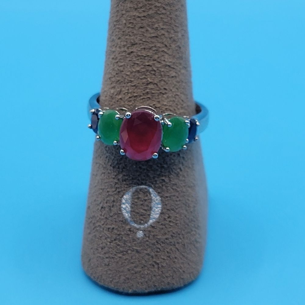 Modern Sterling Silver Lab Created Ruby Emerald Sapphire Ring Size 12